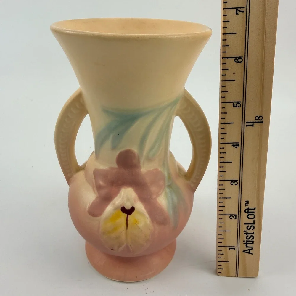 Vintage Hull Pottery Orchid Vase Two Handle 1-6.5 Pink Yellow Cream Matte 6.5in